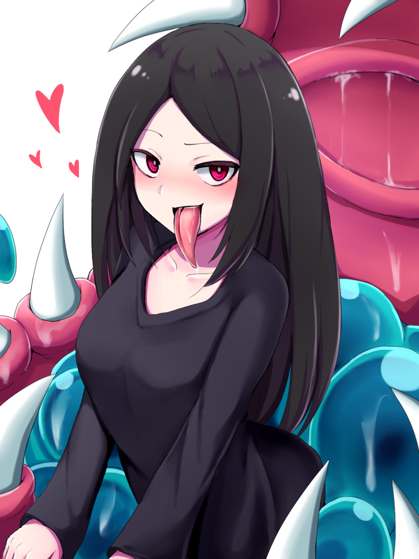1girl black_dress black_hair breasts collarbone commentary_request dress heart highres long_hair looking_at_viewer mimic mimic_(mon-musu_quest!) mimic_chest mon-musu_quest! monster_girl mouth open_mouth raichi_(ddq0246) red_eyes saliva sharp_teeth simple_background slime solo teeth tongue tongue_out white_background