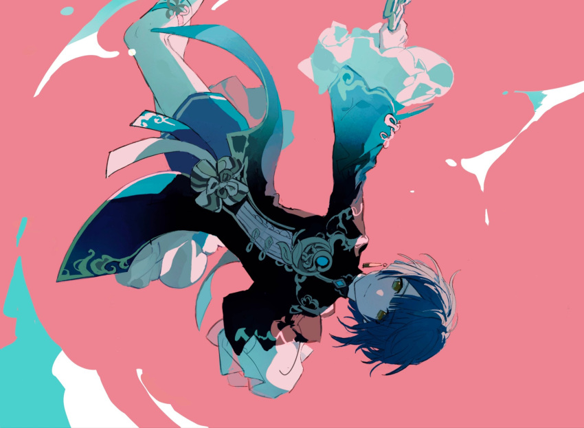 1boy bangs black_jacket blue_hair chinese_clothes dmbjia earrings eyebrows_visible_through_hair frilled_sleeves frills genshin_impact highres holding holding_weapon jacket jewelry long_sleeves looking_at_viewer male_focus open_mouth otoko_no_ko pink_background short_hair shorts sideways simple_background single_earring smile solo thighs water weapon xingqiu_(genshin_impact) yellow_eyes