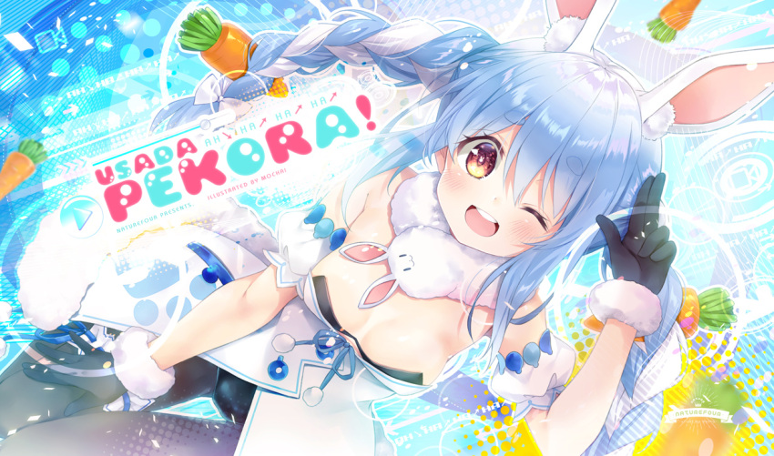 1girl ;d animal_ear_fluff animal_ears arm_up bangs black_gloves black_legwear black_leotard blue_hair blush bow braid breasts brown_eyes bunny-shaped_pupils carrot_hair_ornament catchphrase character_name commentary_request don-chan_(usada_pekora) dress dutch_angle eyebrows_visible_through_hair food_themed_hair_ornament fur-trimmed_dress fur-trimmed_gloves fur_trim gloves hair_between_eyes hair_bow hair_ornament hololive leotard long_hair mocha_(naturefour) multicolored_hair one_eye_closed open_mouth pantyhose rabbit_ears round_teeth short_eyebrows small_breasts smile strapless strapless_dress strapless_leotard teeth thick_eyebrows thigh_gap twin_braids twintails two-tone_hair upper_teeth usada_pekora very_long_hair virtual_youtuber white_bow white_dress white_hair