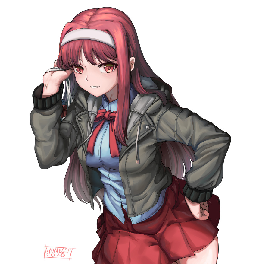 1girl 2020 absurdres bag blush breasts commission hair_intakes hairband hand_on_hip highres hood hood_down hooded_jacket jacket long_hair medium_breasts melty_blood nyungsep open_clothes open_jacket pleated_skirt red_eyes red_ribbon red_skirt redhead ribbon school_uniform shirt shopping_bag signature skirt smile solo thighs tohno_akiha tsukihime vermillion_akiha white_background white_hairband white_shirt