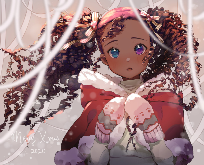 1girl 2020 artist_self-insert blue_eyes blush brown_hair capelet commentary curly_hair dark_skin dark-skinned_female english_commentary forehead fur-trimmed_capelet fur_trim hair_ribbon heterochromia highres long_hair looking_at_viewer merry_christmas mittens nachozarts portrait real_life red_capelet ribbon ringlets solo turtleneck twintails very_dark_skin violet_eyes winter_clothes