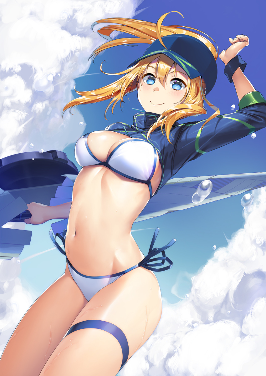 1girl ahoge artoria_pendragon_(all) baseball_cap bikini blonde_hair blue_eyes blue_headwear blue_sky breasts closed_mouth clouds day fate/grand_order fate_(series) hair_through_headwear hand_up hat highres holding holding_lance holding_polearm holding_weapon lance large_breasts leg_garter looking_at_viewer mysterious_heroine_xx_(foreigner) navel nonderi polearm ponytail short_hair shrug_(clothing) side-tie_bikini sky solo swimsuit thighs twinmyniad weapon white_bikini wind