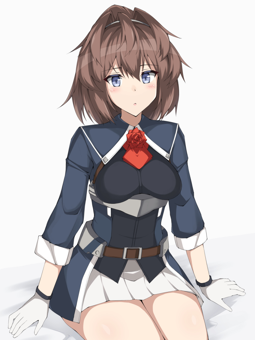 1girl ascot belt belt_buckle blue_eyes brown_hair buckle commentary_request dot_nose eyebrows_visible_through_hair gloves hair_between_eyes highres kantai_collection long_sleeves messy_hair military military_uniform neckwear pleated_skirt red_neckwear sheffield_(kantai_collection) simple_background skirt solo toyo_(c8) uniform white_background white_skirt