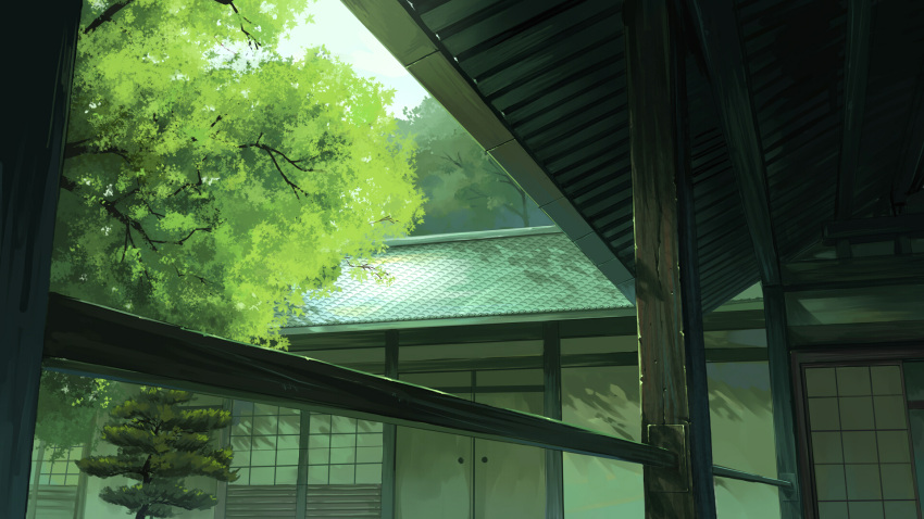architecture building chinese_commentary column commentary_request crack cronstatd day door east_asian_architecture foliage fusuma gensoukyou highres no_humans outdoors pillar plant railing scenery shouji sliding_doors touhou tree tree_branch wallpaper wooden_railing