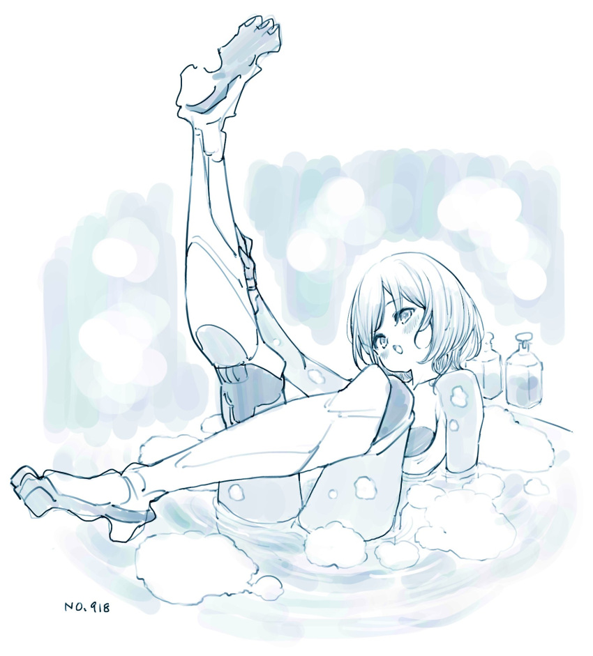 1girl android bath bathing bathtub blue_background blush bob_cut foot_up highres hololive in_water leg_up legs mechanical_parts monochrome nosir_onadat nude numbered open_mouth roboco-san robotic_legs shampoo_bottle sitting soap_bubbles solo steam thighs virtual_youtuber washing_feet white_background