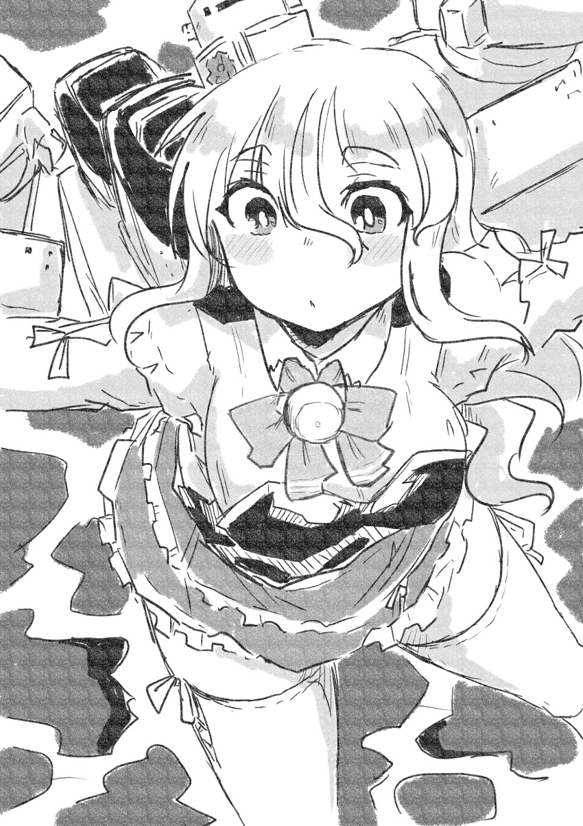 1girl absurdres bangs bell blush blush_stickers bow breasts bright_pupils character_request commentary_request copyright_request eyebrows_visible_through_hair greyscale hair_between_eyes highres large_breasts long_hair long_sleeves monochrome outstretched_arms poyo_(hellmayuge) screentones side-tie_legwear sidelocks skirt solo thick_eyebrows thigh-highs zettai_ryouiki