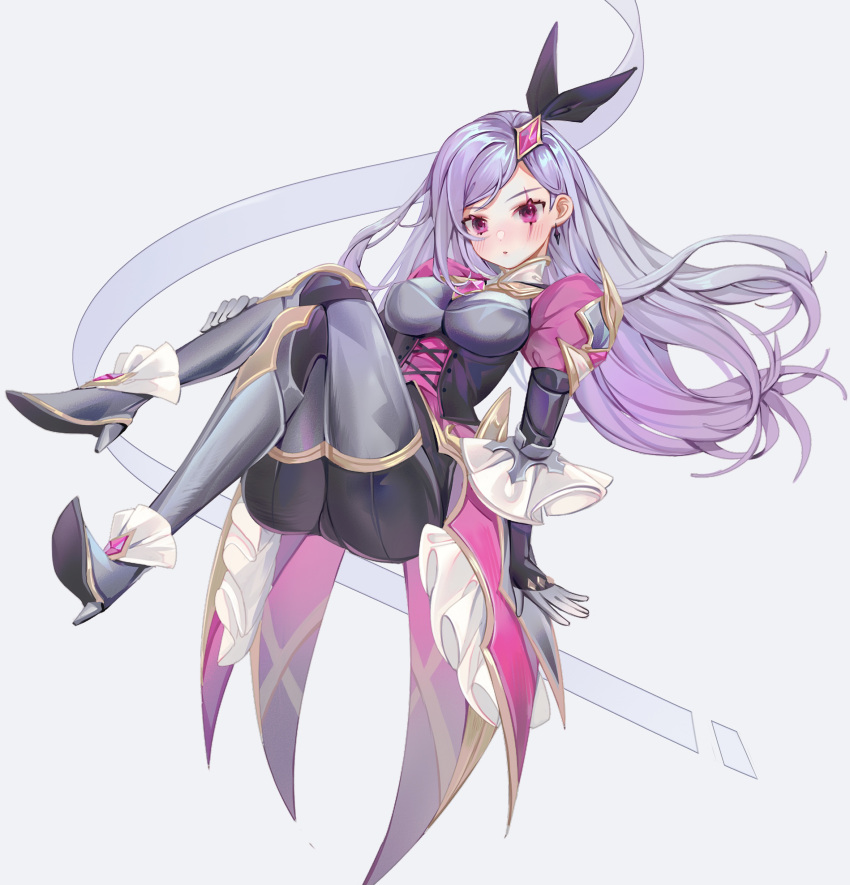 1girl absurdres armor blush breastplate crossed_legs frills gloves greaves grey_background grey_gloves grey_hair hair_ornament high_heels highres katana league_of_legends light_purple_hair long_hair meowlian multicolored multicolored_hair parted_lips pink_hair puffy_sleeves scar scar_across_eye scar_on_face simple_background solo sword turtleneck violet_eyes weapon