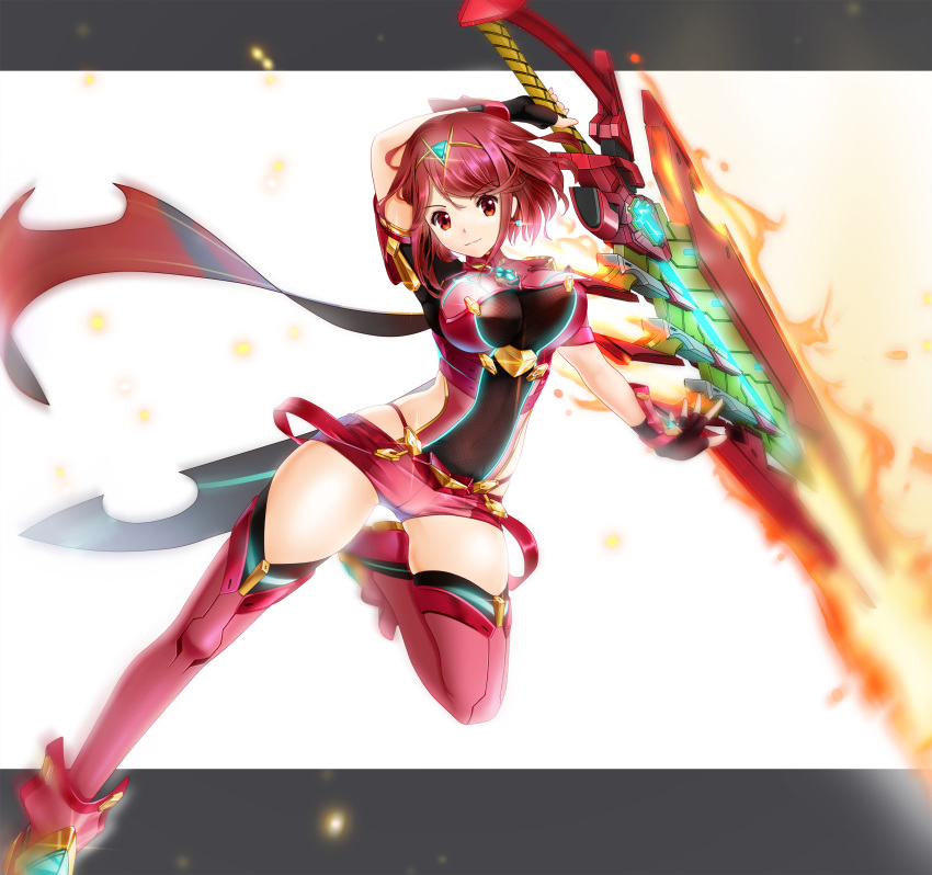 1girl absurdres arm_up arms_behind_head boots breasts fingerless_gloves fire gem gloves hair_ornament headpiece highres hiroki_shin holding holding_sword holding_weapon jewelry large_breasts looking_at_viewer pose pyra_(xenoblade) red_eyes red_shorts redhead short_hair short_shorts shorts skindentation solo sword thigh-highs thighs tiara weapon white_background xenoblade_chronicles_(series) xenoblade_chronicles_2