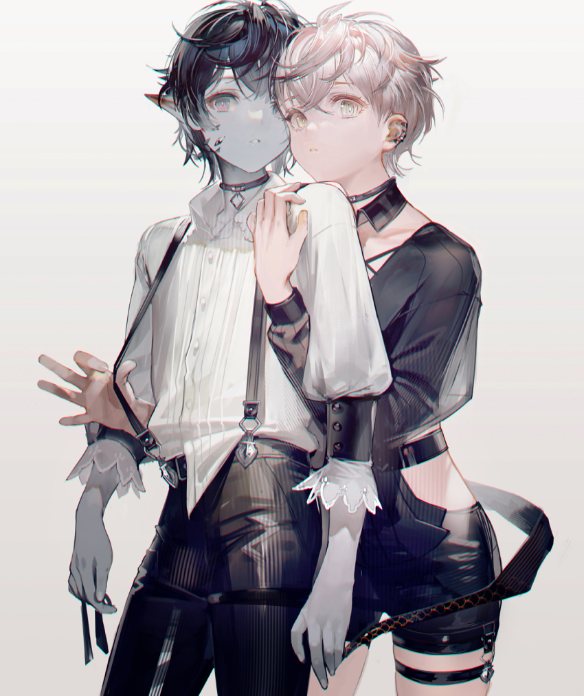 2boys arknights bangs black_choker black_hair black_pants black_shirt black_shorts brown_eyes choker clothing_request collarbone collared_shirt colored_skin commentary_request contrapposto cowboy_shot dress_shirt ear_piercing faust_(arknights) grey_eyes grey_hair grey_skin hand_on_another's_shoulder highres holding jewelry liduke long_sleeves looking_at_viewer male_focus mephisto_(arknights) multiple_boys oripathy_lesion_(arknights) pants parted_lips piercing shirt shirt_tucked_in short_hair shorts simple_background striped striped_pants striped_shirt suspenders suspenders_pull white_background white_shirt