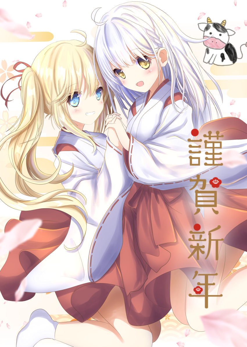 2girls :d aruka_(alka_p1) bangs blonde_hair blue_eyes blush bow braid chinese_zodiac commentary_request cow egasumi eyebrows_visible_through_hair grin hair_between_eyes hakama highres holding_hands interlocked_fingers japanese_clothes kimono long_hair long_sleeves looking_at_viewer miko multiple_girls nengajou new_year no_shoes open_mouth original petals red_bow red_hakama ribbon-trimmed_sleeves ribbon_trim smile socks translation_request very_long_hair white_hair white_kimono white_legwear wide_sleeves year_of_the_ox yellow_eyes