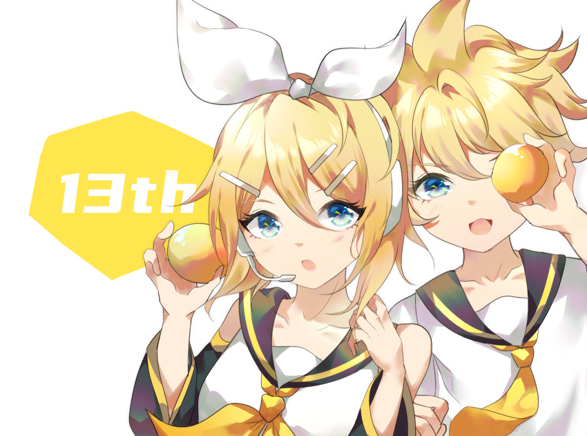 1boy 1girl :d bangs bare_shoulders black_sailor_collar black_sleeves blonde_hair blue_eyes brother_and_sister collarbone commentary detached_sleeves eyebrows_visible_through_hair food hair_between_eyes hair_ornament hair_ribbon hairclip hand_up headset highres holding holding_food kagamine_len kagamine_rin long_sleeves looking_at_viewer neckerchief one_eye_covered open_mouth rhea_(0u0) ribbon sailor_collar shirt siblings sleeveless sleeveless_shirt smile symbol_commentary twins upper_body vocaloid white_background white_ribbon white_shirt wide_sleeves yellow_neckwear