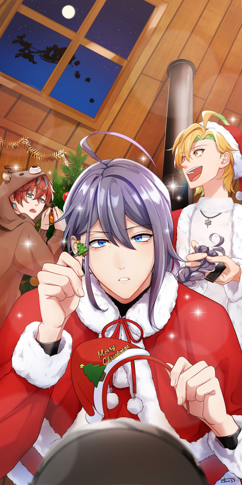 3boys :d absurdres ahoge blonde_hair blue_eyes blue_hair braiding_hair christmas_tree commentary deer_costume gift green_hair hairdressing hand_up hat hat_removed headwear_removed highres hypnosis_mic indoors izanami_hifumi jinguuji_jakurai kannonzaka_doppo long_hair male_focus matenrou_(hypnosis_mic) moon multicolored_hair multiple_boys night open_mouth ornament purple_hair red_headwear redhead reindeer santa_hat short_hair sidelocks silhouette skylight sleigh smile snowflake_necklace sunsirou very_long_hair yellow_eyes