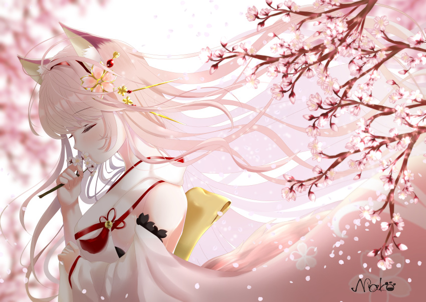 1girl absurdres animal_ear_fluff animal_ears artist_name azur_lane bangs breasts cherry_blossoms closed_eyes commentary_request detached_sleeves eyebrows_visible_through_hair falling_petals flower fox_ears fox_girl fox_tail from_side hair_flower hair_ornament hanazuki_(azur_lane) highres huge_filesize japanese_clothes kimono long_hair nako_nya obi petals pink_hair sash sideboob sidelocks signature smelling_flower solo standing tail tree upper_body wide_sleeves