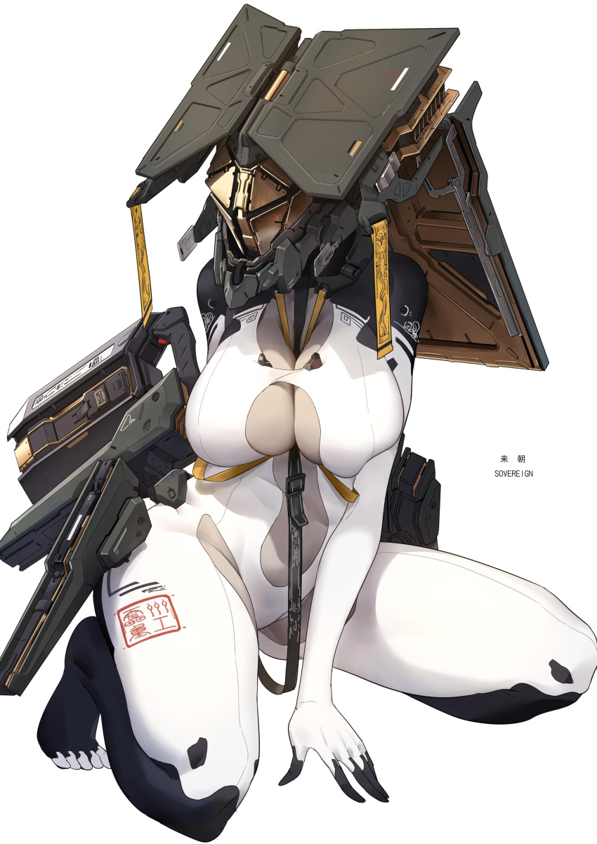 1girl absurdres bodysuit breasts commentary_request helmet highres kneeling large_breasts mecha_musume mixed-language_commentary original science_fiction shizuoxing_kof skin_tight solo white_background white_bodysuit