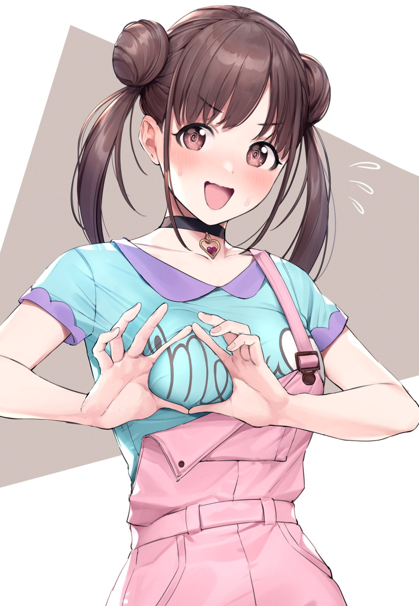 1girl bangs blush brown_hair choker double_bun hands_on_own_chest highres hiyashi_yaki idolmaster idolmaster_shiny_colors jewelry looking_at_viewer overalls pendant red_eyes sidelocks simple_background sonoda_chiyoko spiral_eyes sweat twintails