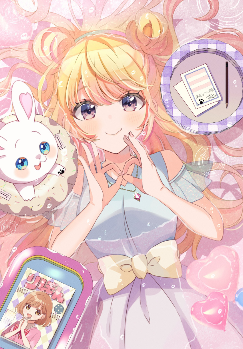 absurdres balloon bangs bare_shoulders blonde_hair closed_mouth eyebrows_visible_through_hair heart highres hutaba_haru jewelry long_hair magazine necklace notebook original pencil rabbit smile violet_eyes water