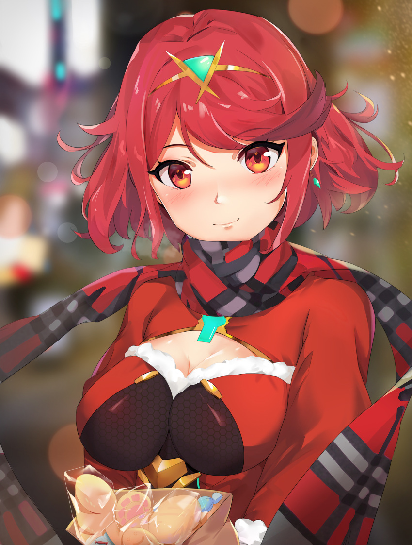 1girl alternate_costume bag bangs blurry blurry_background blush bread breasts cleavage_cutout clothing_cutout food gem gloves hair_ornament headpiece highres holding jewelry kiiro_kimi large_breasts long_sleeves looking_at_viewer night outdoors paper_bag plaid plaid_scarf pyra_(xenoblade) red_eyes red_scarf red_shirt redhead scarf shirt short_hair smile solo swept_bangs tiara upper_body xenoblade_chronicles_(series) xenoblade_chronicles_2