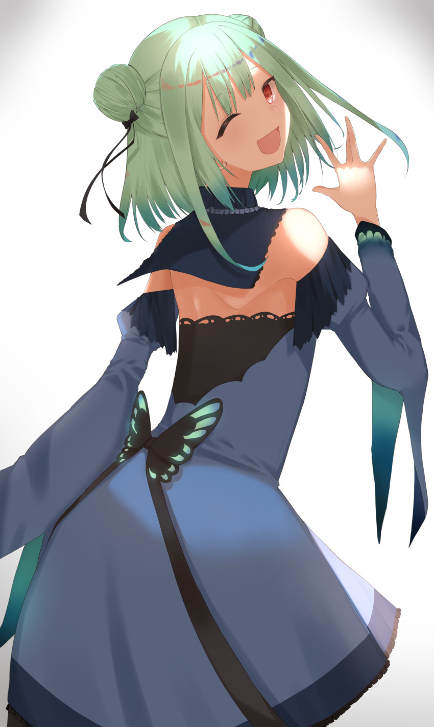1girl :d black_ribbon blue_dress butterfly_ornament detached_sleeves double_bun dress fang frilled_dress frills green_hair highres hololive long_sleeves looking_back open_mouth red_eyes ribbon shoulder_blades smile solo surato uruha_rushia virtual_youtuber