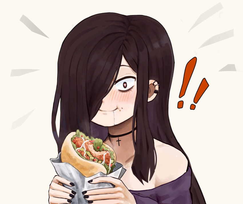 !! 1boy black_hair black_nails blush chicken_(food) cross_choker ear_piercing earrings eating english_commentary food hair_over_one_eye heart heart-shaped_pupils highres holding holding_food jewelry lettuce long_hair ms_pigtails nail_polish off-shoulder_shirt off_shoulder original otoko_no_ko piercing sandwich shirt solo symbol-shaped_pupils upper_body