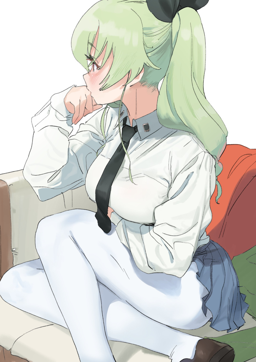 1girl absurdres anchovy_(girls_und_panzer) black_neckwear blue_skirt blush breast_hold breasts brown_footwear closed_mouth collared_shirt couch dorontabi dress_shirt eyelashes girls_und_panzer green_hair hair_ribbon hand_on_own_chin highres long_hair long_sleeves medium_breasts miniskirt necktie orange_eyes pantyhose pleated_skirt ribbon shirt shoes simple_background sitting skirt solo twintails white_background white_legwear white_shirt wing_collar