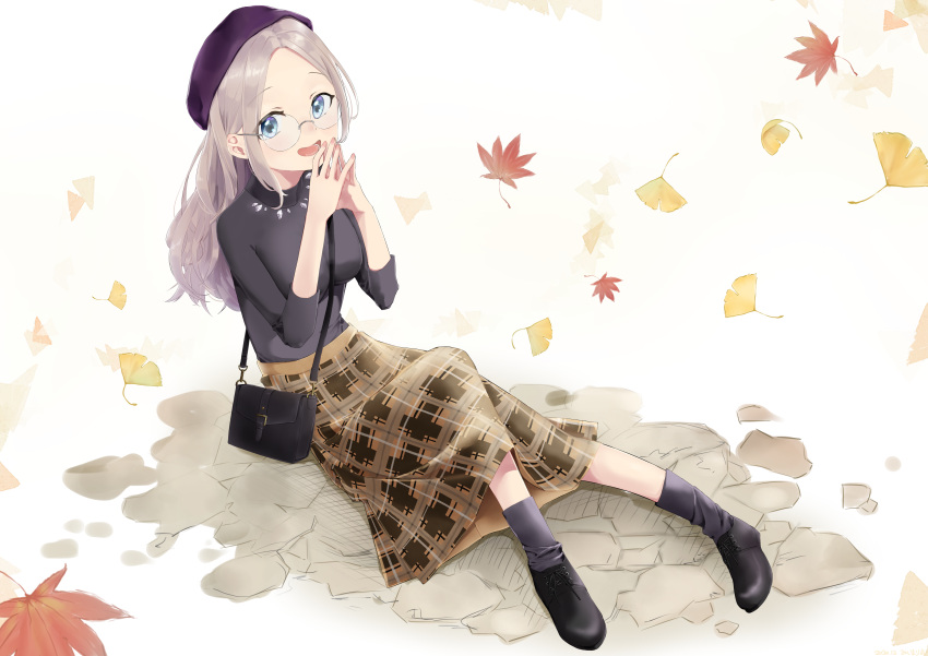 1girl :d absurdres autumn_leaves bag bangs beret black_footwear black_shirt blue_eyes breasts brown_skirt commentary_request eyebrows_visible_through_hair forehead full_body ginkgo_leaf grey_hair grey_legwear hands_up hat highres leaf long_hair long_sleeves looking_at_viewer maple_leaf medium_breasts mishima_ryo open_mouth original parted_bangs plaid plaid_skirt purple_headwear shirt shoes shoulder_bag skirt smile socks solo steepled_fingers very_long_hair white_background