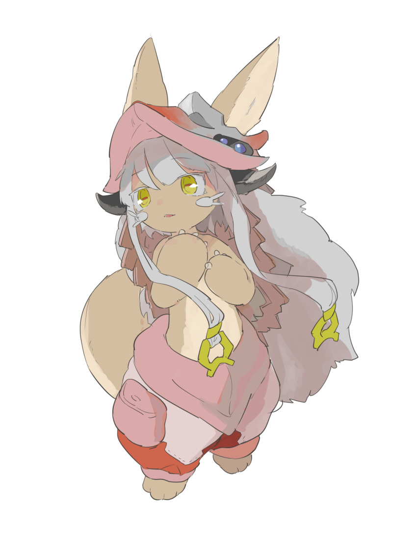 1other animal_ears apios1 bangs barefoot blush_stickers claws commentary eyebrows_visible_through_hair full_body fur_(clothing) furry grey_hair hair_ornament hands_up headpiece highres horizontal_pupils horns long_hair looking_to_the_side made_in_abyss multicolored multicolored_eyes nanachi_(made_in_abyss) open_mouth pants paws pouch red_eyes sidelocks simple_background solo standing tail very_long_hair whiskers white_background yellow_eyes