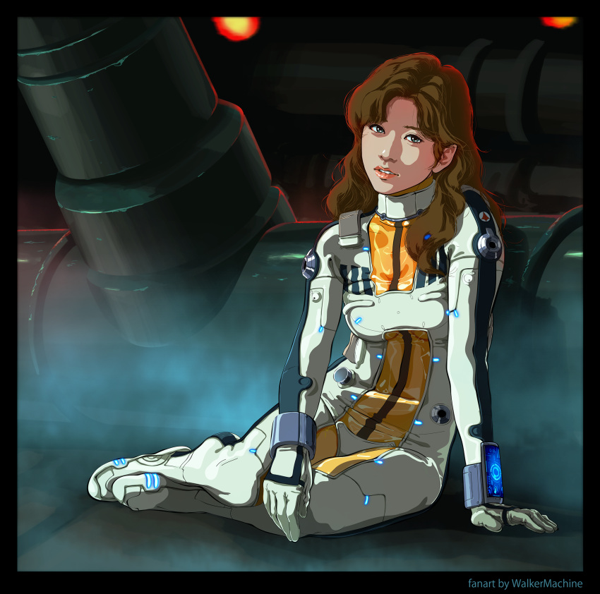1girl alien asian bodysuit boots brown_hair choujikuu_yousai_macross commentary commentary_request damaged emblem fog gloves hayase_misa highres lights lips long_hair looking_at_viewer lying machinery macross on_side pilot_suit realistic redesign resting science_fiction signature spacecraft_interior spacesuit spoilers tired u.n._spacy uniform walkermachine wrist_computer zentradi