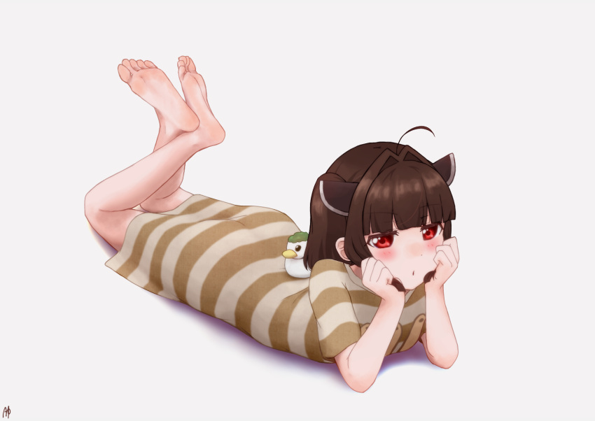 1girl artist_request bare_arms bare_legs barefoot bird black_hair character_request duck feet feet_up long_shirt looking_at_viewer no_panties red_eyes short_hair simple_background soles stuffed_toy toes touhoku_kiritan voiceroid white_background