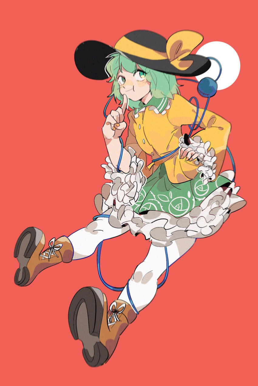 1girl :t black_headwear boots brown_footwear chinese_commentary collared_shirt commentary_request film_grain frilled_skirt frilled_sleeves frills green_eyes green_hair green_skirt hand_on_hip hat hat_ribbon highres komeiji_koishi pantyhose red_background reflectivesheep ribbon shirt simple_background skirt solo third_eye touhou white_pantyhose yellow_nails yellow_ribbon yellow_shirt