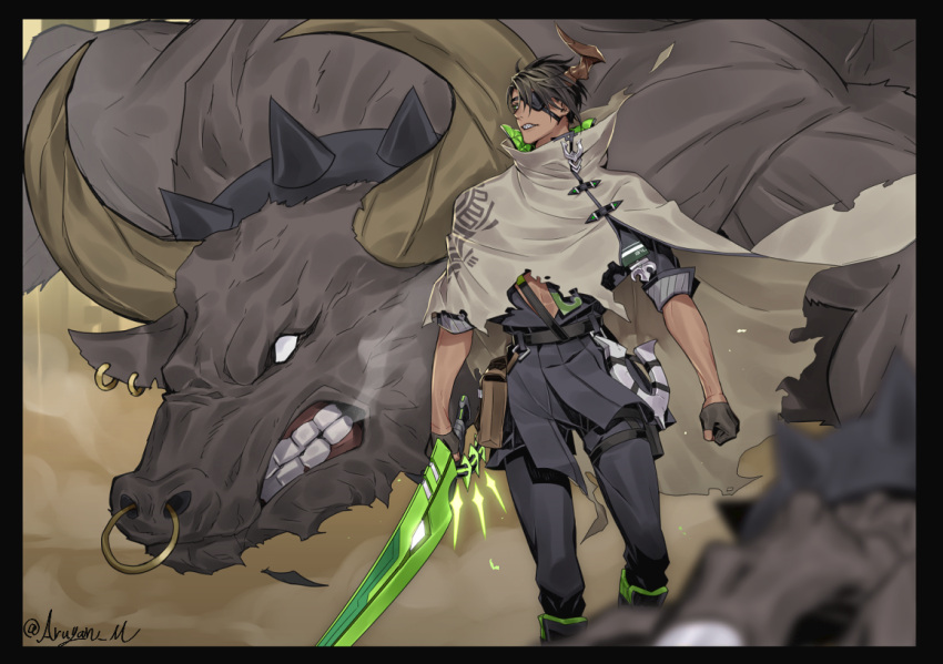 1boy aragami_ouga black_hair bull cape dark_skin dark_skinned_male eyepatch green_eyes holostars horns looking_at_viewer male_focus open_mouth sharp_teeth short_hair single_horn smile sword teeth virtual_youtuber weapon