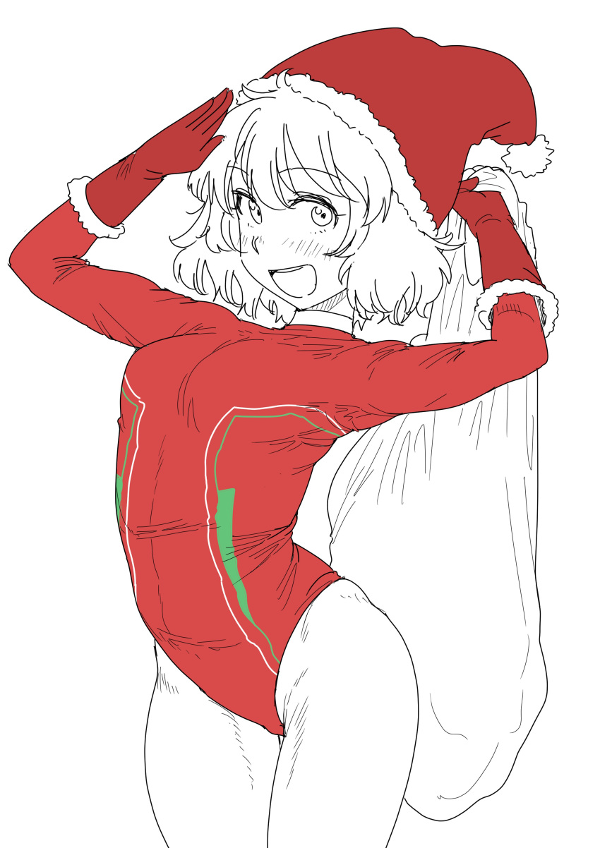 1girl absurdres akiyama_yukari bag bangs breasts eyebrows_visible_through_hair fur_trim girls_und_panzer gloves hat highres holding holding_bag kaiman_garupan leaning_back leotard long_sleeves open_mouth red_gloves red_headwear salute santa_hat sketch small_breasts solo spot_color white_background