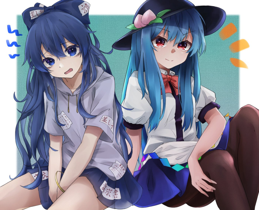 2girls ass bangle black_headwear black_legwear blue_eyes blue_hair blue_skirt bow bowtie bracelet breasts debt eyebrows_visible_through_hair feet_out_of_frame food fruit grey_shirt gunsou1350 hair_between_eyes hair_bow hat head_tilt hinanawi_tenshi jewelry knees_up long_hair looking_at_viewer multiple_girls notice_lines open_mouth pantyhose peach pleated_skirt puffy_short_sleeves puffy_sleeves red_bow red_eyes red_neckwear see-through_skirt shirt short_sleeves sitting skirt small_breasts touhou v-shaped_eyebrows v_arms very_long_hair white_shirt yorigami_shion