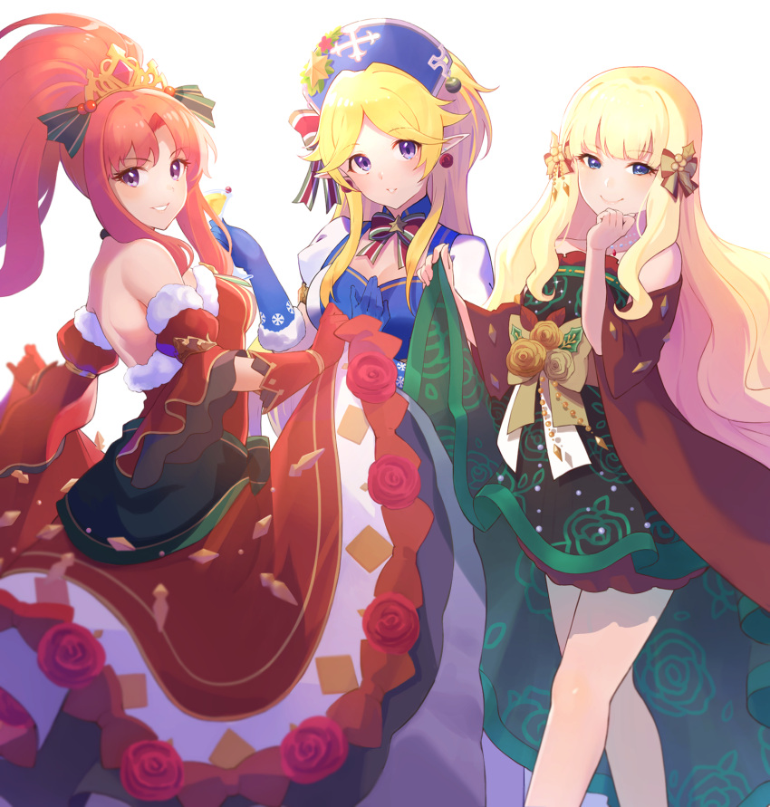 3girls akino_(princess_connect!) bangs bare_shoulders blonde_hair blue_dress blue_eyes blue_gloves blush bow breasts christmas dress earrings elf gloves green_dress hair_bow headpiece highres jewelry large_breasts long_hair looking_at_viewer medium_breasts multiple_girls parted_bangs pointy_ears ponytail princess_connect! princess_connect!_re:dive red_dress red_gloves redhead saren_(princess_connect!) shawl shimon_(31426784) sidelocks smile thighs violet_eyes yukari_(princess_connect!)