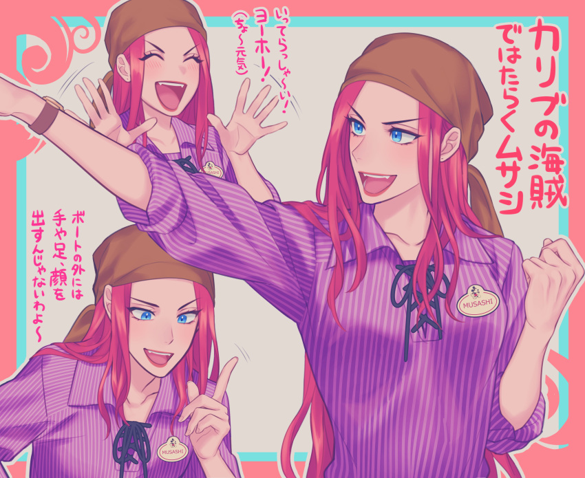1girl :d absurdres alternate_costume bandana blue_eyes blush character_name clenched_hand closed_eyes collarbone collared_shirt commentary_request eyelashes gi_xxy hands_up highres index_finger_raised jessie_(pokemon) multiple_views open_mouth pokemon pokemon_(anime) purple_shirt shirt sidelocks sleeves_rolled_up smile team_rocket teeth tongue translation_request watch watch
