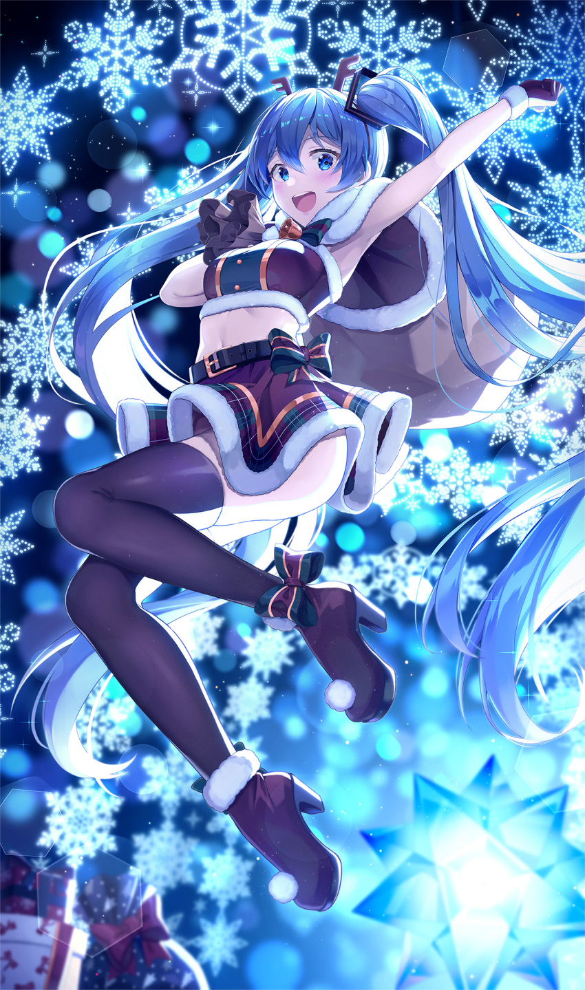 1girl ankle_bow antlers arm_up bell belt black_legwear blue_eyes blue_hair blurry bokeh bow box capelet commentary depth_of_field full_body fur-trimmed_capelet fur-trimmed_footwear fur-trimmed_skirt fur-trimmed_tubetop fur_trim gift gift_box gloves glowing hair_ornament hatsune_miku high_heels highres holding holding_sack jumping long_hair looking_at_viewer midriff miniskirt navel neck_bell night night_sky open_mouth outstretched_arm pine_(angel4195202) plaid plaid_bow plaid_skirt reindeer_antlers sack skirt sky smile snowflakes stellated_octahedron strapless symbol_commentary thigh-highs tubetop twintails very_long_hair vocaloid