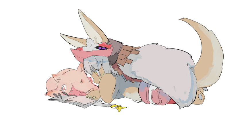 1other animal_ears apios1 bangs barefoot blush_stickers book claws commentary from_side full_body fur_(clothing) furry grey_hair hair_ornament hand_up head_rest headpiece highres horns long_hair looking_down made_in_abyss mitty_(made_in_abyss) nanachi_(made_in_abyss) one-eyed open_book open_mouth orange_eyes pants pawpads paws pouch reading red_eyes sidelocks simple_background tail teeth white_background
