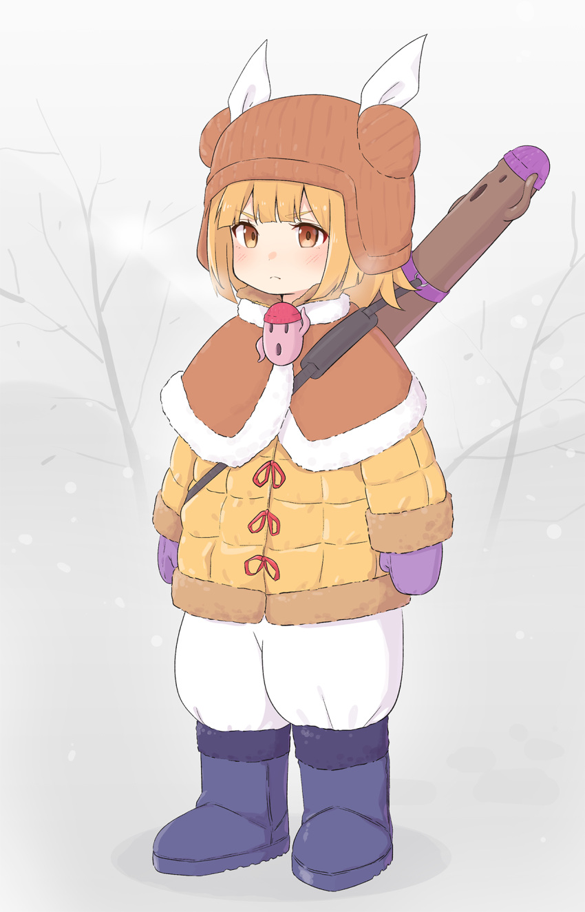 1girl adapted_costume arms_at_sides bangs bare_tree black_footwear blonde_hair blunt_bangs blurry blurry_background blush boots breath brown_headwear coat day double_bun duffel_coat haniwa_(statue) hat hat_ribbon highres joutouguu_mayumi kanpa_(campagne_9) knit_hat light_frown looking_to_the_side mittens outdoors pants puffy_pants purple_mittens ribbon short_hair snow solo standing touhou tree white_pants winter winter_clothes winter_coat yellow_coat yellow_eyes