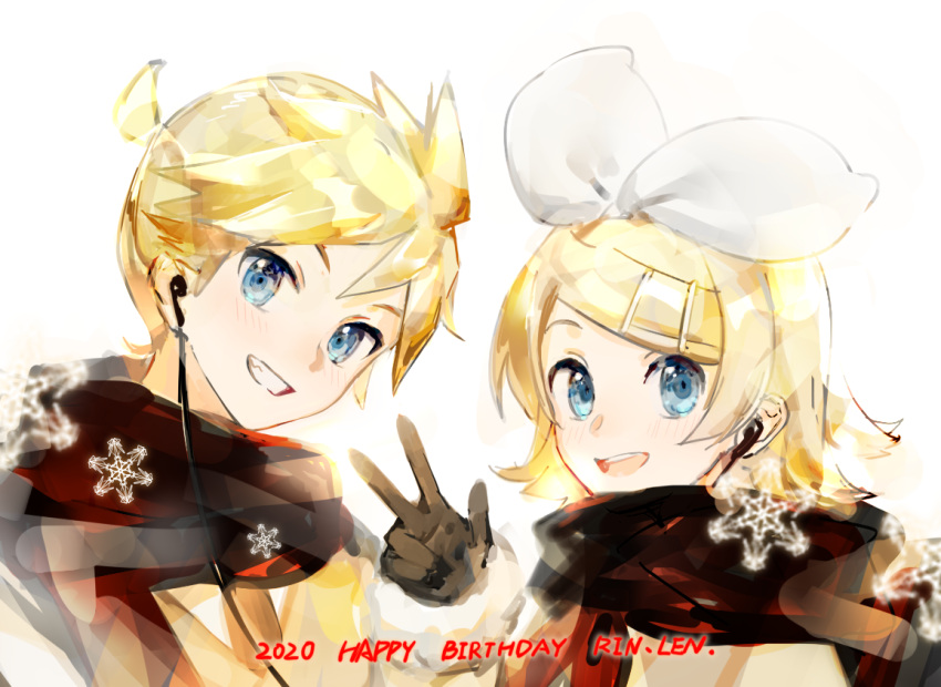 1boy 1girl bangs black_gloves black_scarf blonde_hair blue_eyes bow cable character_name chinese_commentary commentary_request earphones english_commentary gloves grin hair_bow hair_ornament hairclip hand_up happy_birthday kagamine_len kagamine_rin looking_at_viewer mixed-language_commentary scarf shared_earphones short_hair short_ponytail smile snowflakes spiky_hair swept_bangs upper_body vocaloid w white_background white_bow yyb