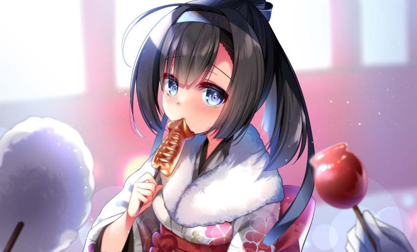 1girl ahoge akizuki_(kantai_collection) alternate_costume black_hair black_headband blue_eyes candy_apple clothes_writing cotton_candy floral_print food hachimaki headband holding holding_food japanese_clothes kantai_collection kimono obi ponytail print_kimono ringo_sui sash solo_focus upper_body white_kimono