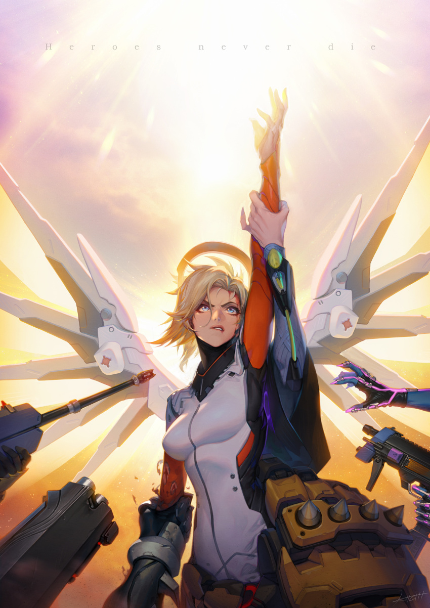 2boys 4girls absurdres aiming ana_(overwatch) arm_grab arm_up backlighting biting blood blue_eyes bodysuit breasts commentary cuts disembodied_limb doomfist_(overwatch) english_commentary english_text fingernails gun hichi highres injury lip_biting looking_up machine_pistol mechanical_halo mechanical_wings medium_breasts mercy_(overwatch) moira_(overwatch) multiple_boys multiple_girls orange_sleeves out_of_frame overwatch platinum_blonde_hair power_fist power_suit reaper_(overwatch) rifle sharp_fingernails shotgun sniper_rifle solo_focus sombra_(overwatch) surrounded text_focus torn_clothes weapon white_bodysuit wings