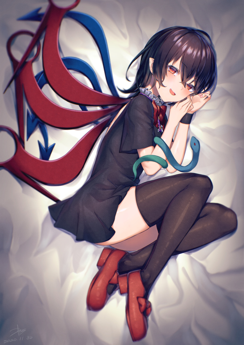1girl :d ass asymmetrical_wings black_skirt black_wristband blush bow crossed_legs fang full_body hair_between_eyes hand_on_own_cheek hand_on_own_face hands_up highres houjuu_nue kisamu_(ksmz) knee_up legs legs_folded looking_at_viewer looking_to_the_side looking_up lying mary_janes medium_hair on_bed on_side open_mouth red_bow red_eyes red_footwear shoe_bow shoes skindentation skirt smile snake solo thigh-highs thighs touhou upskirt wings