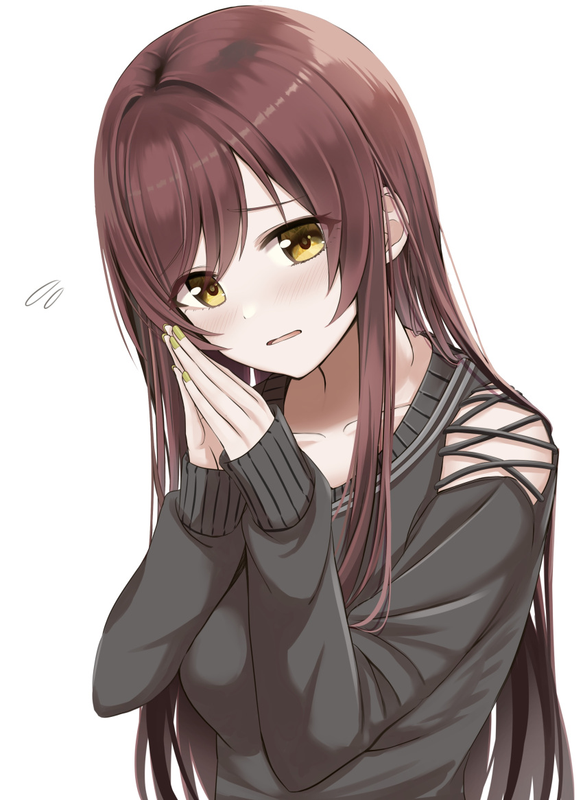 1girl absurdres bare_shoulders black_sweater blush brown_hair clothing_cutout collarbone commentary_request flying_sweatdrops head_tilt highres idolmaster idolmaster_shiny_colors long_hair long_sleeves looking_at_viewer nail_polish oosaki_amana open_mouth own_hands_together ryouta_(ryouta335) shoulder_cutout simple_background sleeves_past_wrists solo sweater upper_body very_long_hair white_background yellow_eyes yellow_nails