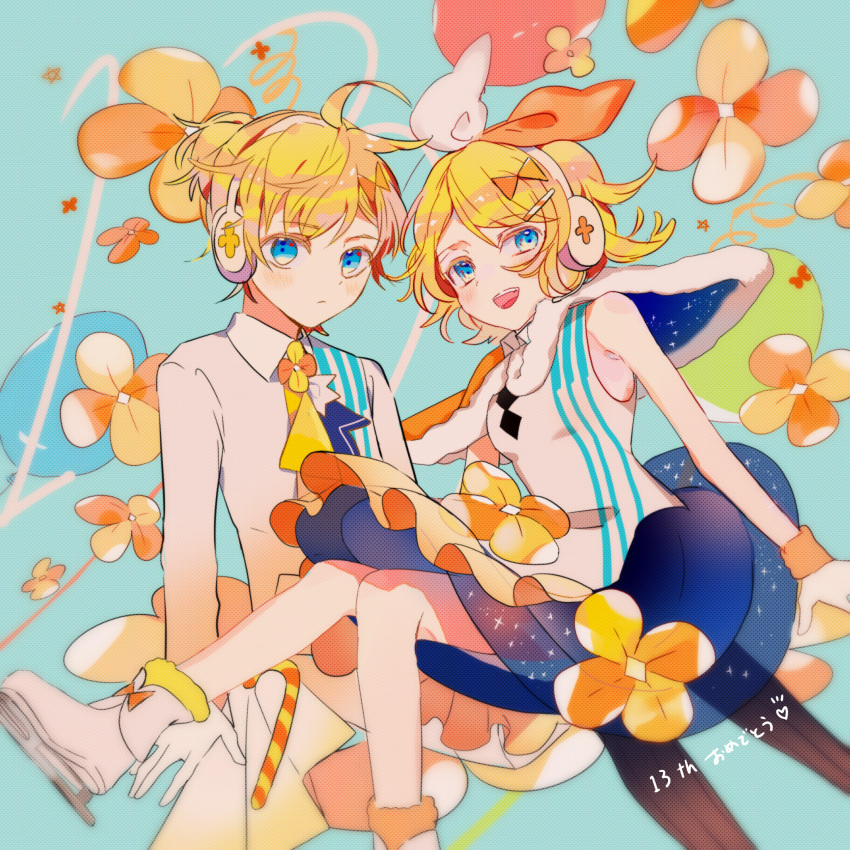1boy 1girl anniversary balloon black_pants blonde_hair blue_background blue_skirt bow capelet commentary expressionless formal frilled_skirt frills fur-trimmed_capelet fur-trimmed_footwear fur_trim gloves hair_bow headphones heart highres jacket kagamine_len kagamine_rin looking_at_viewer magical_mirai_(vocaloid) makoji_(yomogi) open_mouth orange_bow orange_capelet orange_skirt pants shirt sitting skates skirt smile star_(symbol) star_print suit two-tone_bow vocaloid white_bow white_gloves white_jacket white_shirt yellow_neckwear