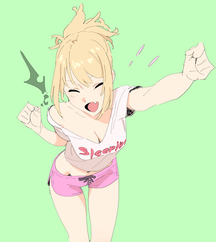 1girl blonde_hair cheering fang from_above henken highres off_shoulder open_mouth original shorts sketch solo