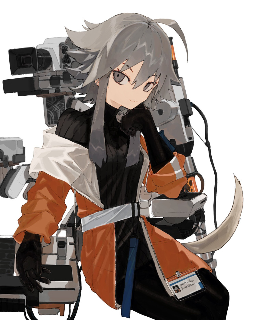1girl ahoge arknights belt black_gloves black_sweater clenched_hand gloves grey_belt grey_eyes grey_hair hand_on_own_chin highres id_card jacket looking_to_the_side mayer_(arknights) open_hand orange_jacket ordriver ribbed_sweater short_hair smile solo sweater white_background