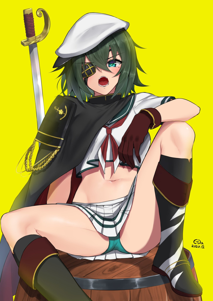 1girl artist_name bangs barrel black_cape black_footwear boots brown_gloves c-da cape dated gloves green_eyes green_hair green_panties green_sailor_collar hair_between_eyes highres kantai_collection kiso_(kantai_collection) knee_boots looking_at_viewer midriff navel neckerchief open_mouth panties pleated_skirt red_neckwear remodel_(kantai_collection) sailor_collar sailor_shirt school_uniform serafuku shirt short_hair short_sleeves simple_background sitting skirt solo sword underwear weapon white_shirt white_skirt yellow_background