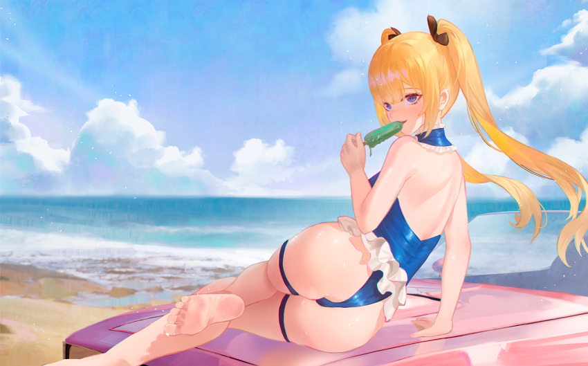 1girl ass azur_lane back bangs barefoot beach black_ribbon blonde_hair blue_eyes blue_sky blue_swimsuit car cirilla clouds commentary day dead_or_alive feet food frilled_swimsuit frills from_behind ground_vehicle hair_between_eyes hair_ribbon highres long_hair looking_at_viewer lounging marie_rose marie_rose_(devilish_servant_against_the_splashing_waves) motor_vehicle ocean on_vehicle one-piece_swimsuit outdoors popsicle ribbon sand scenery sky soles solo sunlight swimsuit thigh_strap thighs twintails water