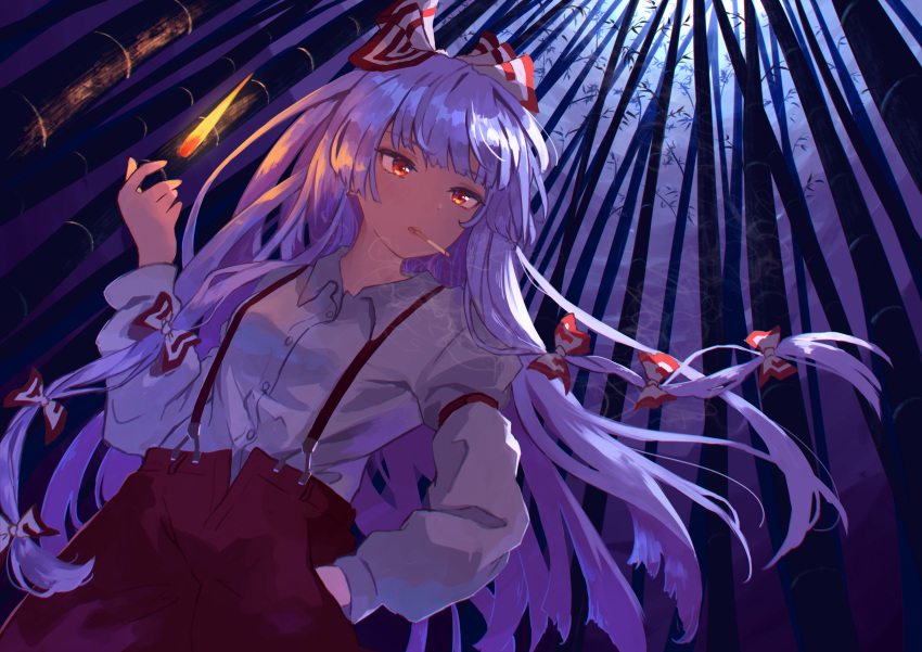 1girl absurdres armband bamboo bamboo_forest bangs bow breasts buttons cigarette collared_shirt commentary_request dutch_angle eyebrows_visible_through_hair fire flame floating_hair forest from_below fujiwara_no_mokou hair_bow hand_in_pocket highres holding holding_cigarette huge_filesize juliet_sleeves long_hair long_sleeves looking_afar moonlight mouth_hold nature night night_sky pants puffy_sleeves pyrokinesis red_bow red_eyes red_pants shirt sky small_breasts smoking solo standing suspenders touhou two-tone_bow upper_body very_long_hair white_bow white_hair white_shirt yamabuki_(laysis_yama)