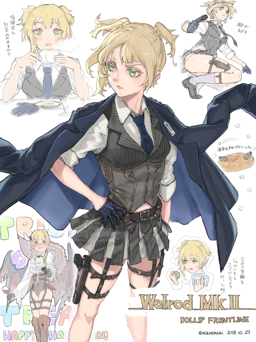 1girl alcohol alternate_costume alternate_hairstyle artist_name bangs belt belt_buckle blonde_hair blunt_bangs blush buckle clouds collared_shirt corset cup dated dress_shoes drinking drinking_glass firearm food formal frills garter_straps girls_frontline gloves gloves_removed green_eyes gun highres holding holding_cup holster jacket jacket_on_shoulders lips looking_at_viewer looking_down looking_to_the_side midriff_peek military military_jacket military_uniform multiple_views necktie open_mouth panties pinstripe_pattern pinstripe_suit pleated_skirt shirt short_hair skirt sleeves_rolled_up smile socks speech_bubble squatting star_(symbol) striped suit sweatdrop teacup thigh_holster thigh_strap twintails underwear uniform weapon welrod_mk2_(girls_frontline) white_panties white_shirt wine wine_glass wings xia_oekaki
