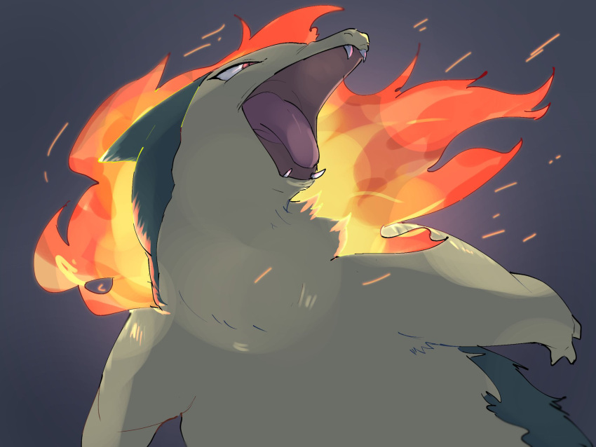 commentary_request fangs fire gen_2_pokemon glowing grey_background highres looking_to_the_side no_humans open_mouth pokemon pokemon_(creature) qua red_eyes solo tongue typhlosion